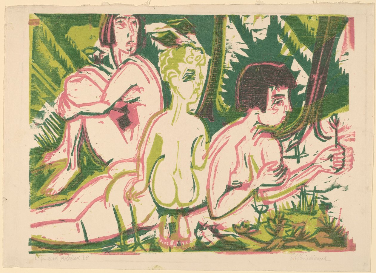 Nakna kvinnor med ett barn i skogen, 1925. av Ernst Ludwig Kirchner