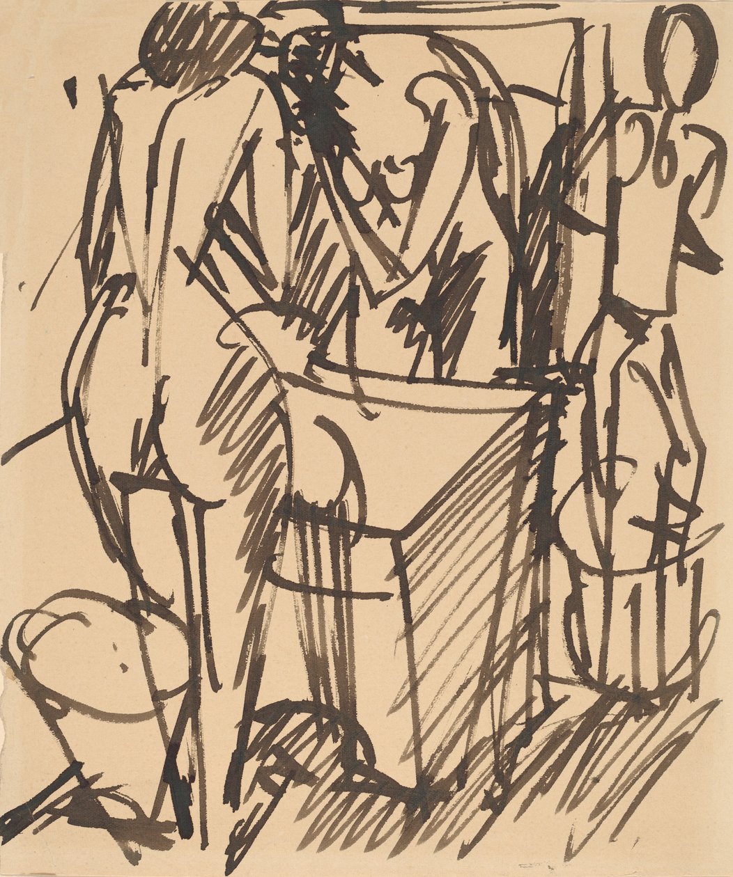 Naken med en spegel, stående framför ett tvättställ, 1908-1910. av Ernst Ludwig Kirchner