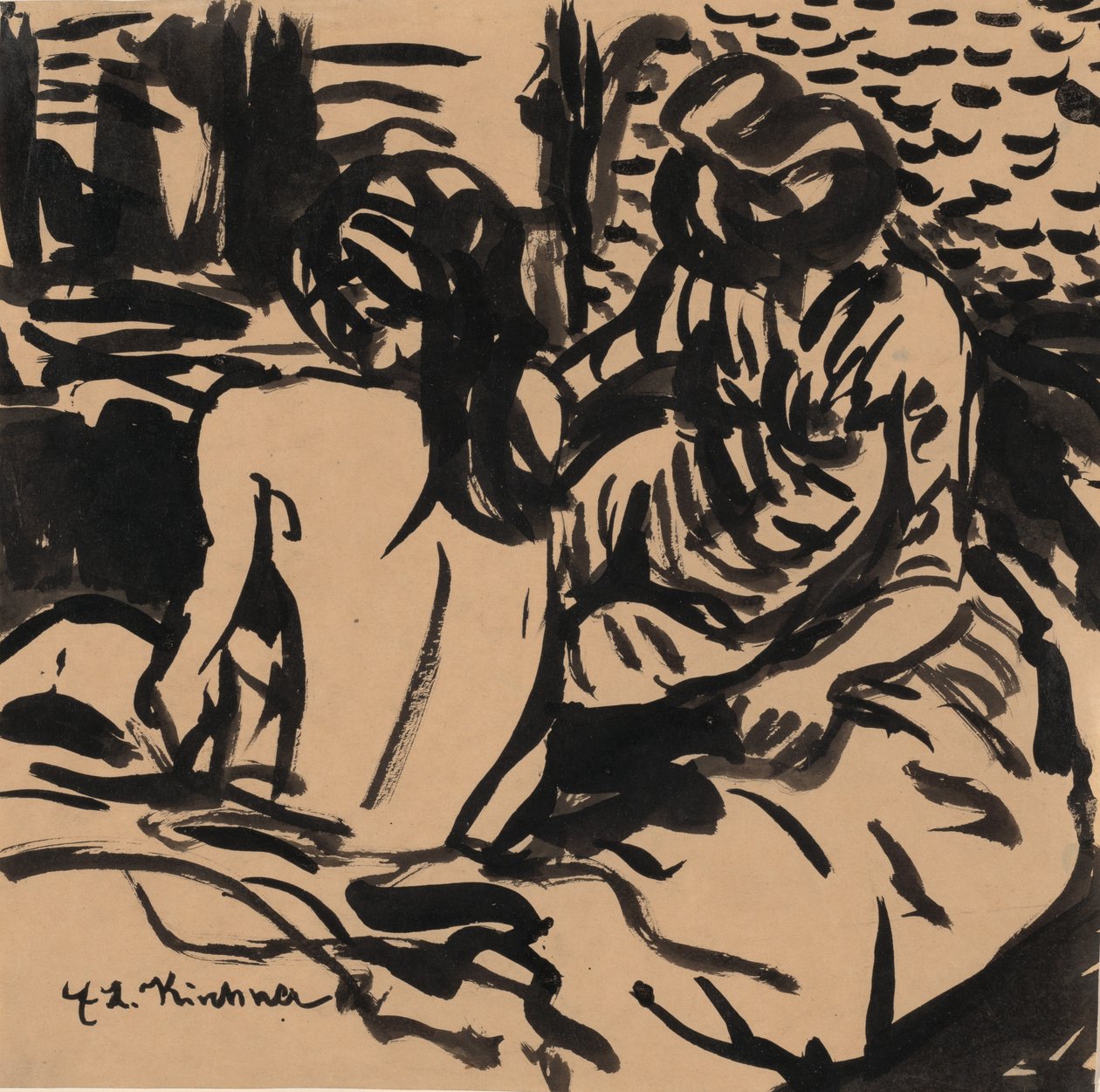 Två nakenbilder på en säng Isabella och en yngre flicka, ca. 1906. av Ernst Ludwig Kirchner