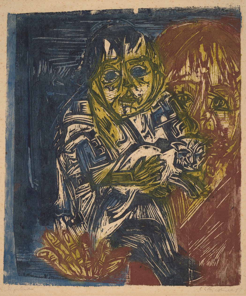 Kvinna med ett barn och en katt, 1919. av Ernst Ludwig Kirchner