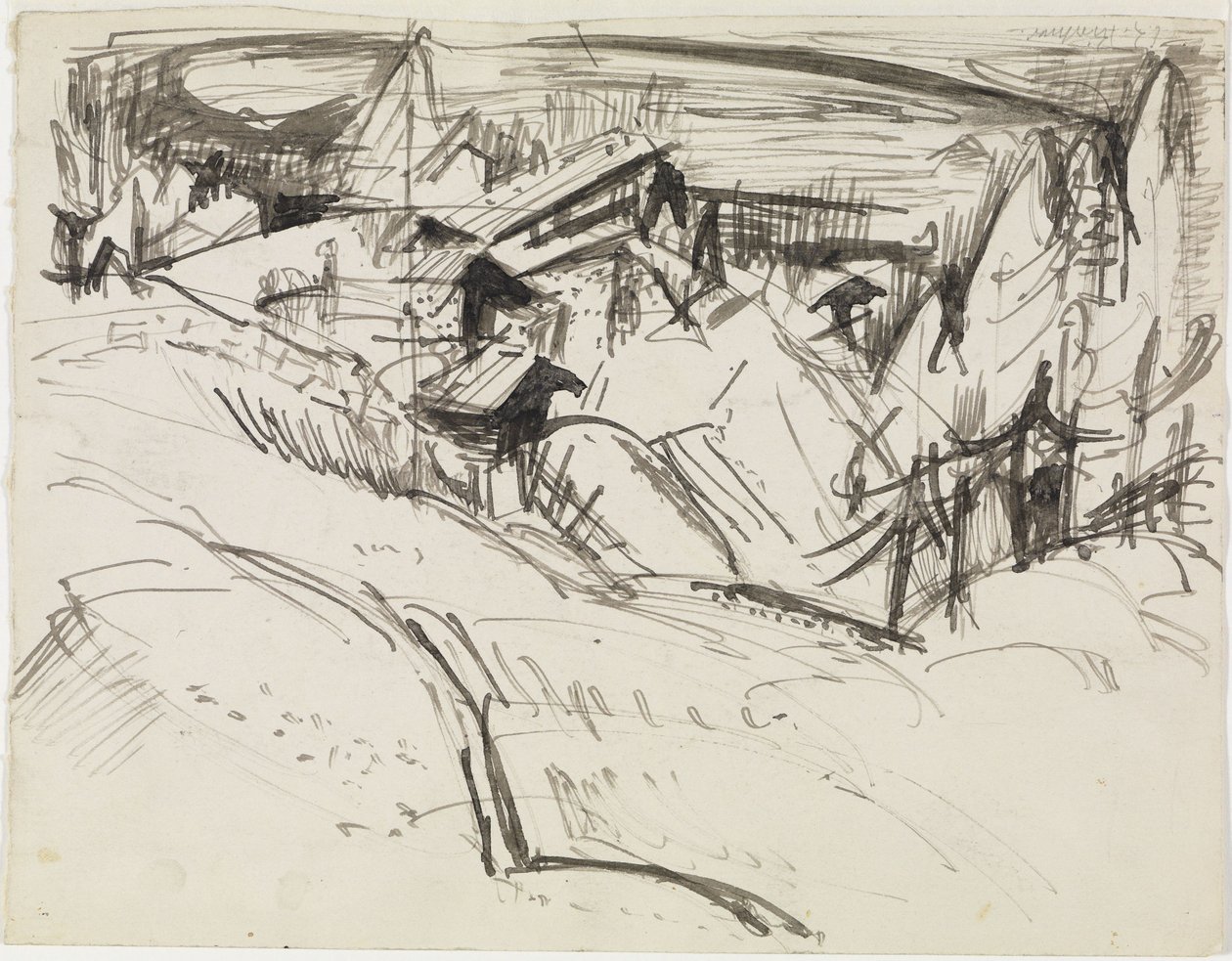 Alp med stugor och granar av Ernst Ludwig Kirchner