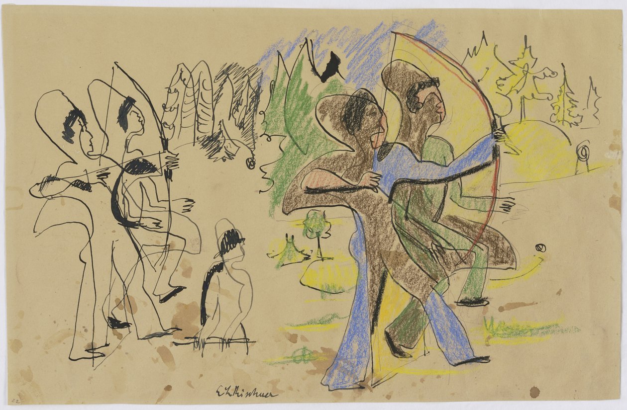 Archers, ca 1935 (penna och krita på brunt papper) av Ernst Ludwig Kirchner