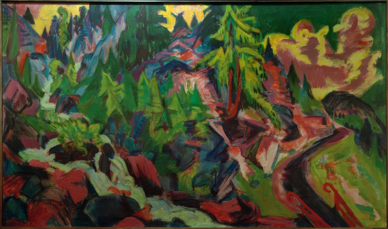Schweiziskt talllandskap med ett vattenfall av Ernst Ludwig Kirchner
