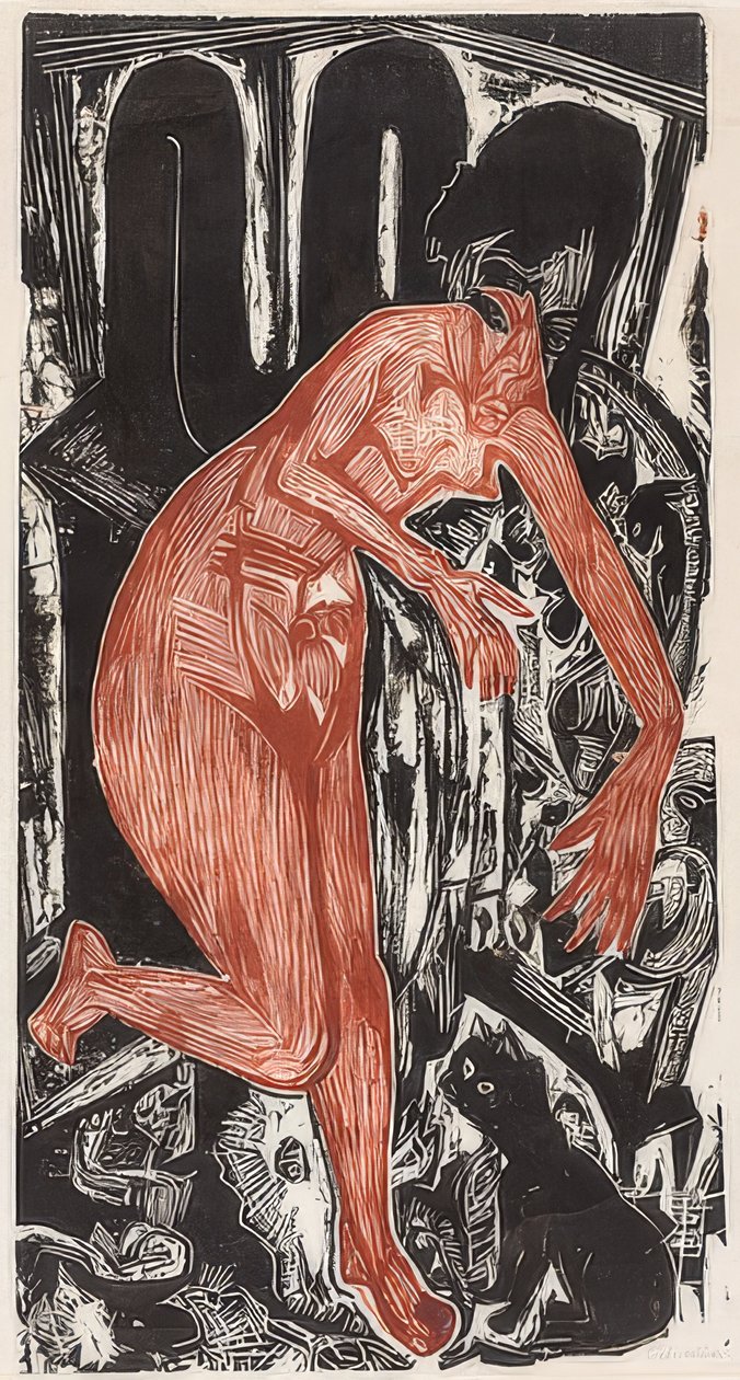 Kvinna som badar vid spisen. 1919 av Ernst Ludwig Kirchner