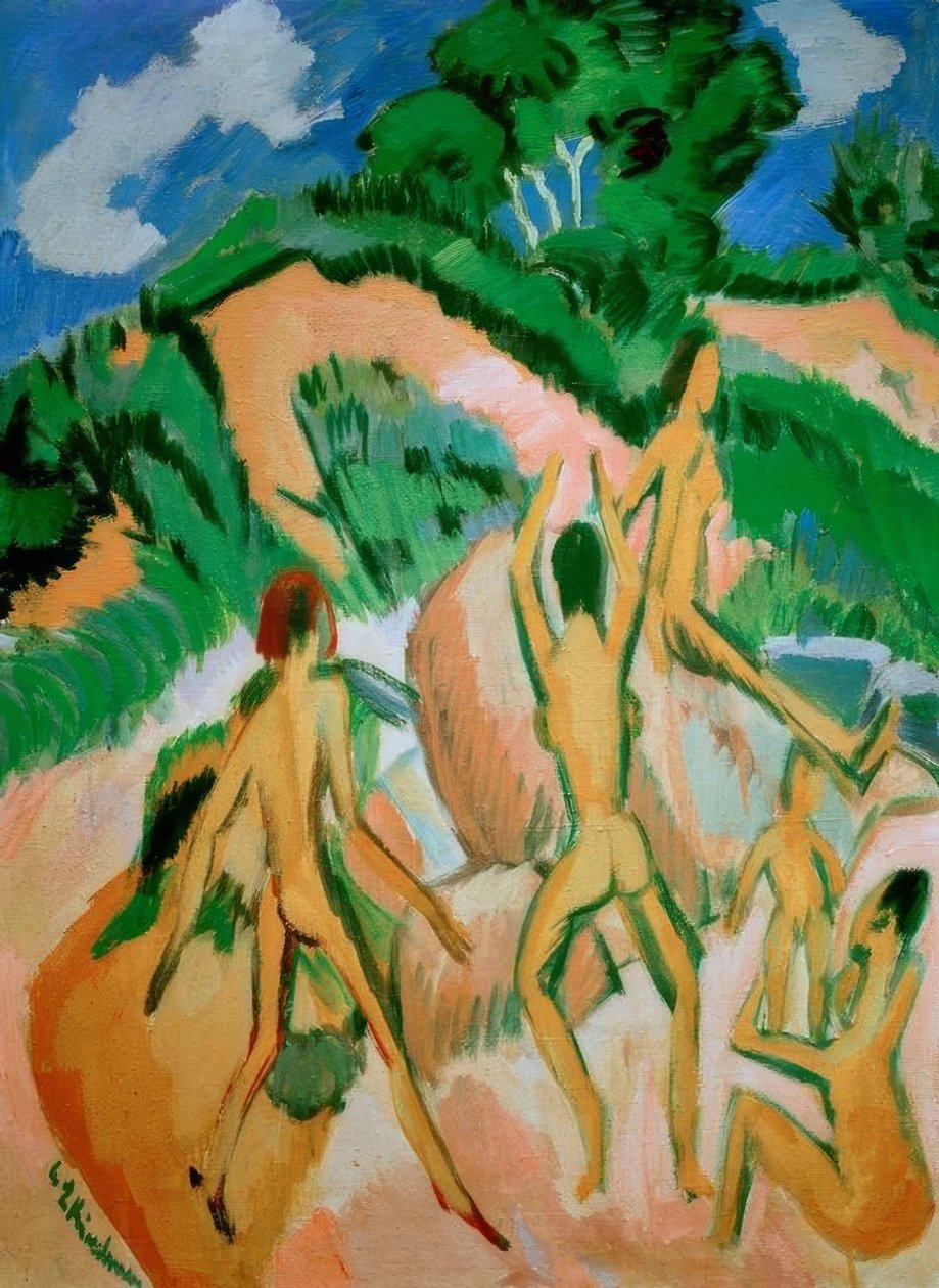 Badande mellan sanddyner (Fehmarn) av Ernst Ludwig Kirchner