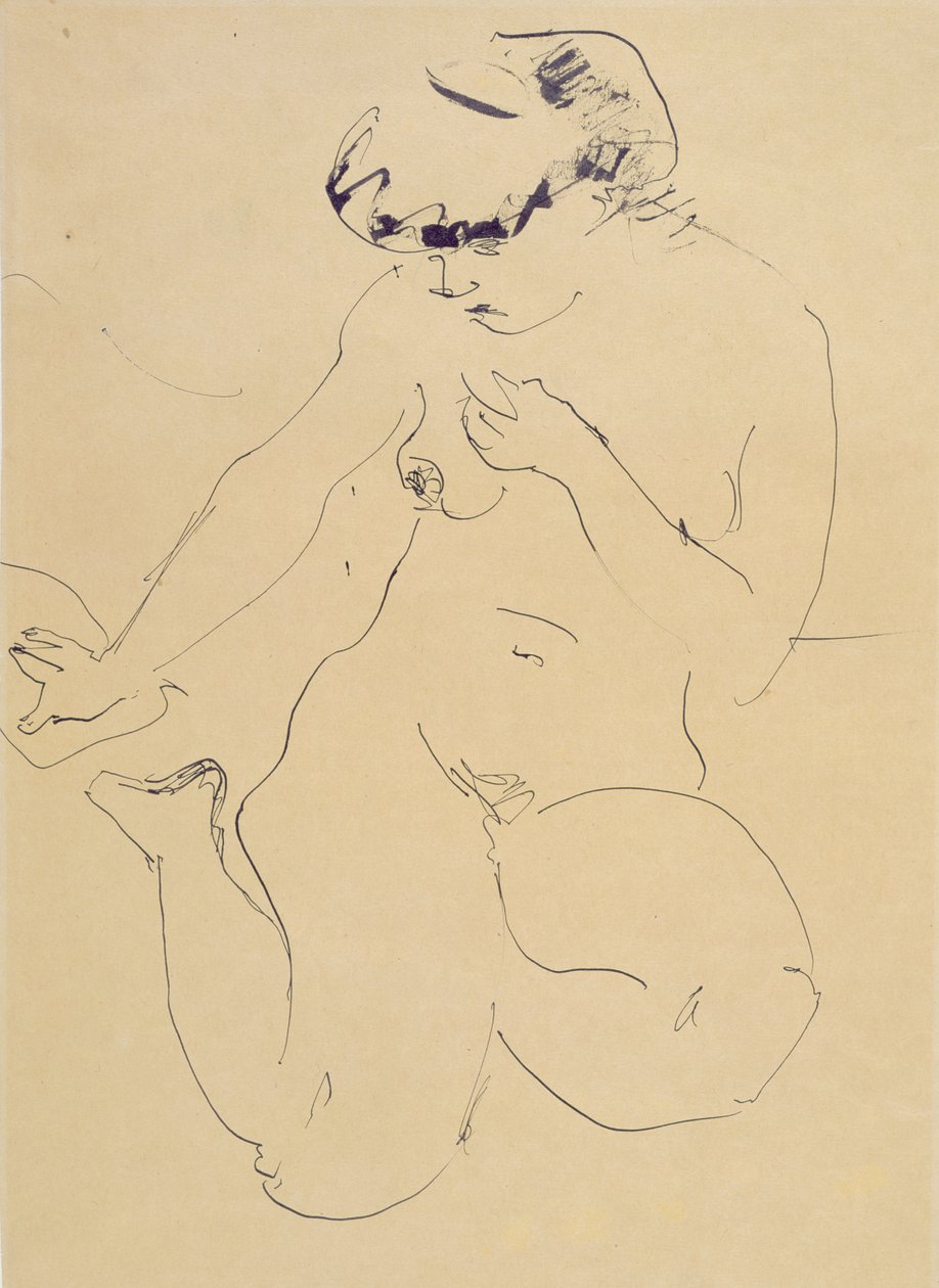 Hukad naken (penna och pensel på papper) av Ernst Ludwig Kirchner
