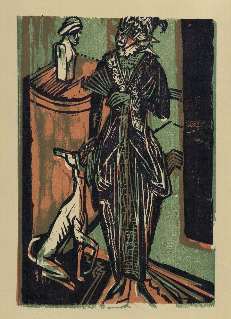 Dam med hund. Ur: Katalog över utställningen av kläder från fru Euckens broderiateljé i Bremen av Ernst Ludwig Kirchner