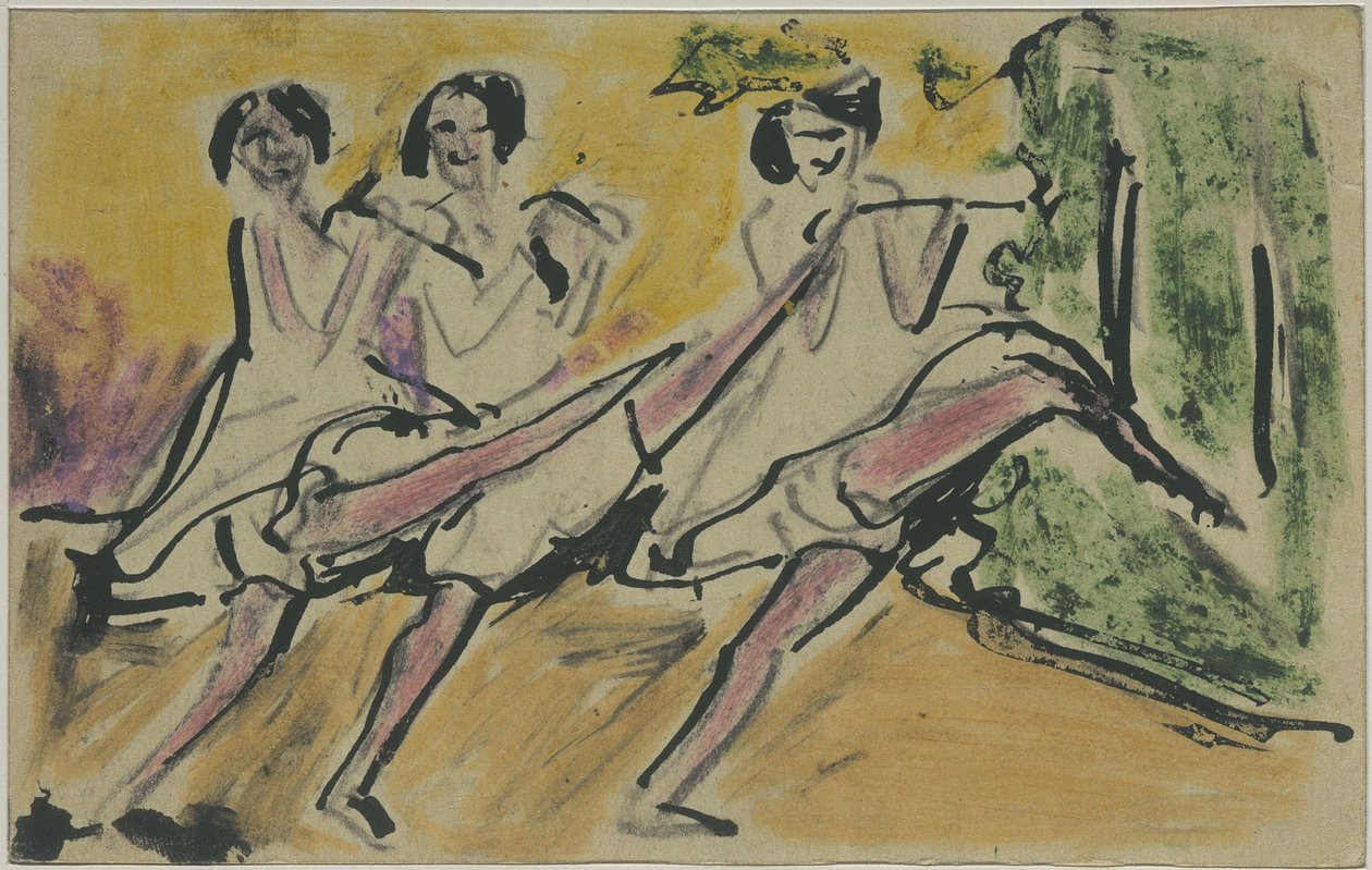 Drei Tänzerinnen (Postkarte an Otto und Maschka Mueller) av Ernst Ludwig Kirchner