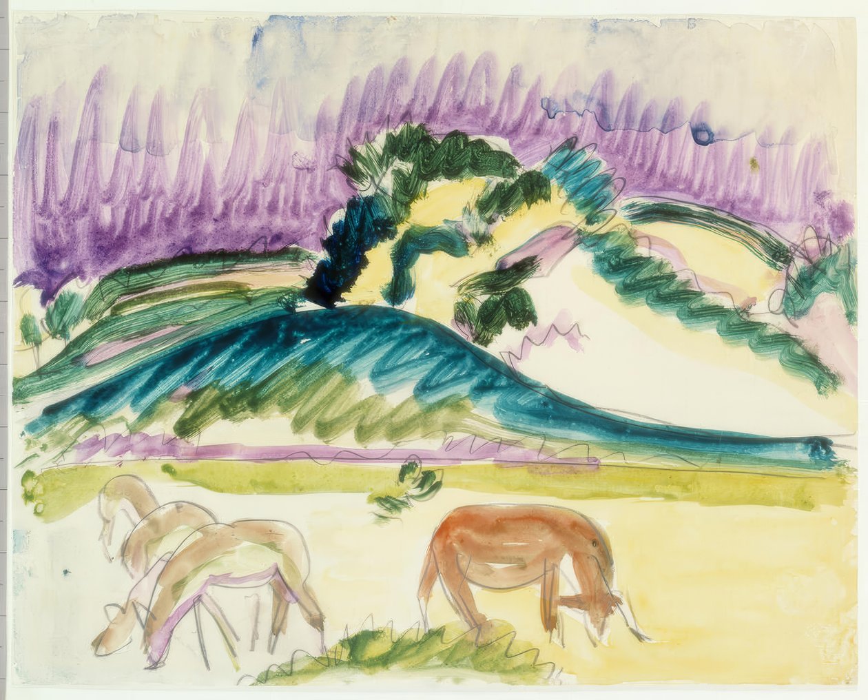 Tre betande hjortar och en ko på Fehmarn av Ernst Ludwig Kirchner