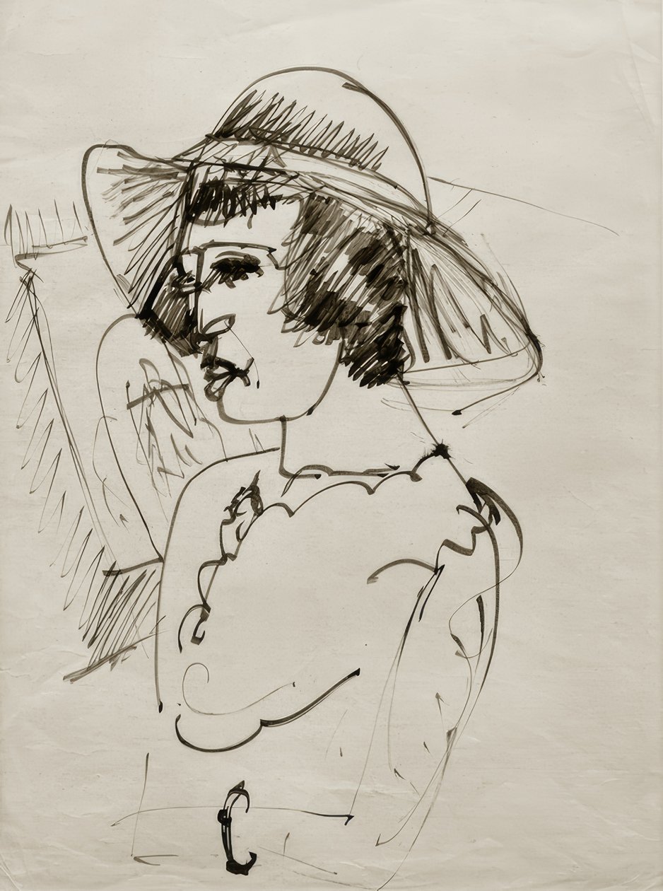 E.L. Kirchner, porträtt av Erna med stor hatt av Ernst Ludwig Kirchner