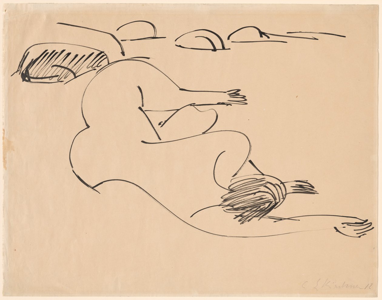 Erna ligger på stranden bland stenar av Ernst Ludwig Kirchner