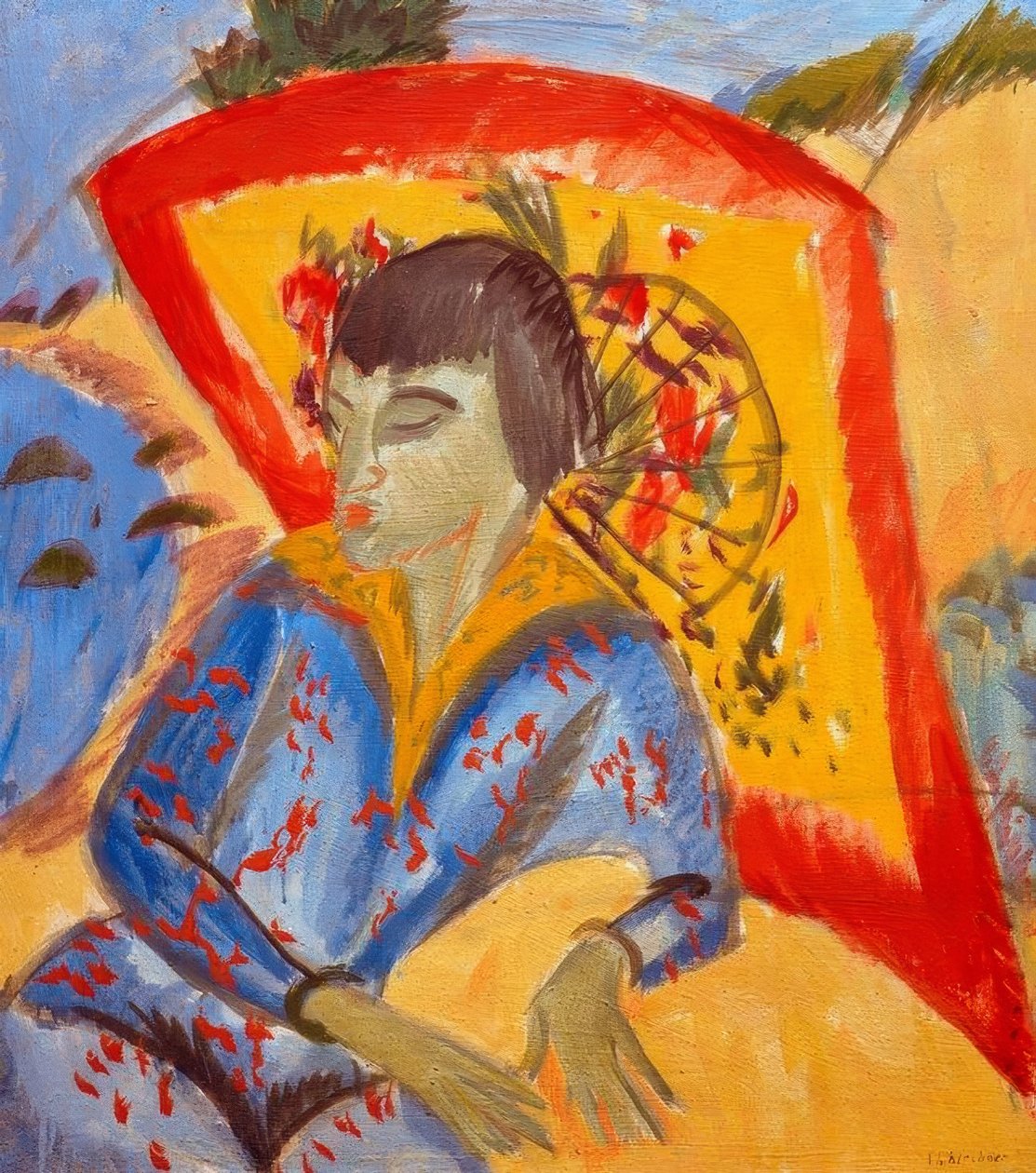Erna med japanskt paraply (japanskt) av Ernst Ludwig Kirchner