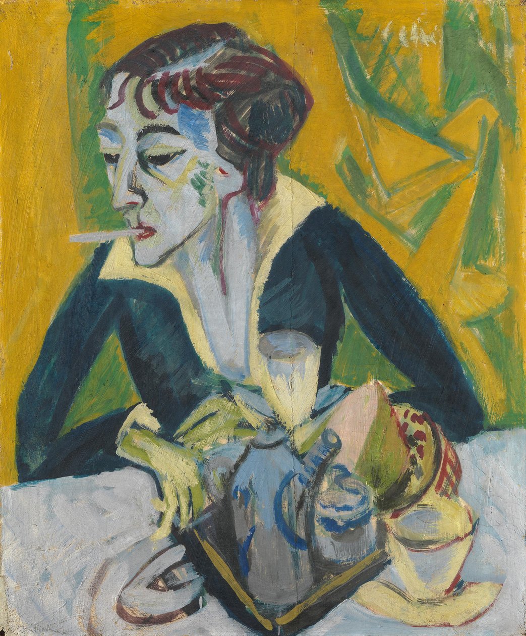 Erna med cigarett (Porträtt av Erna i blått) av Ernst Ludwig Kirchner