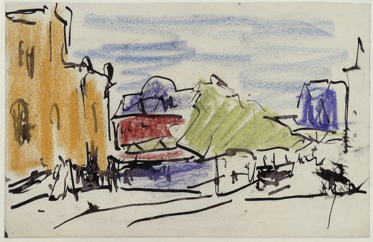 Flodlandskap med hus och gångbro av Ernst Ludwig Kirchner