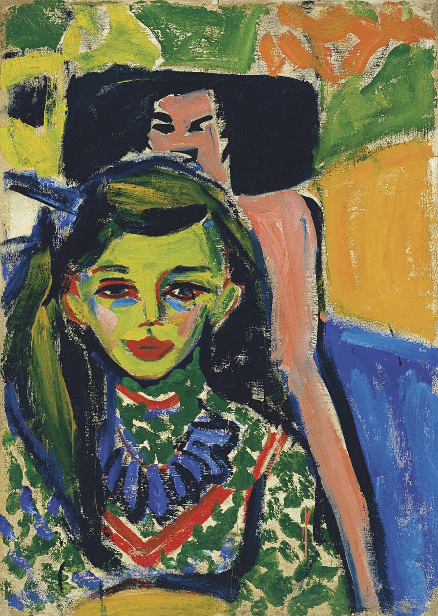 Fränzi framför en snidad stol av Ernst Ludwig Kirchner