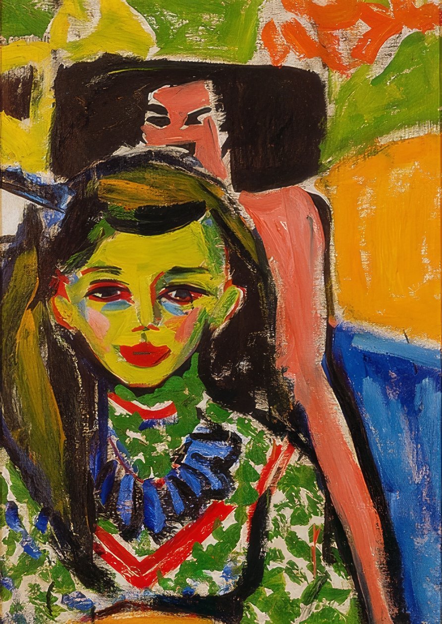 Fränzi framför en snidad stol. 1910 av Ernst Ludwig Kirchner