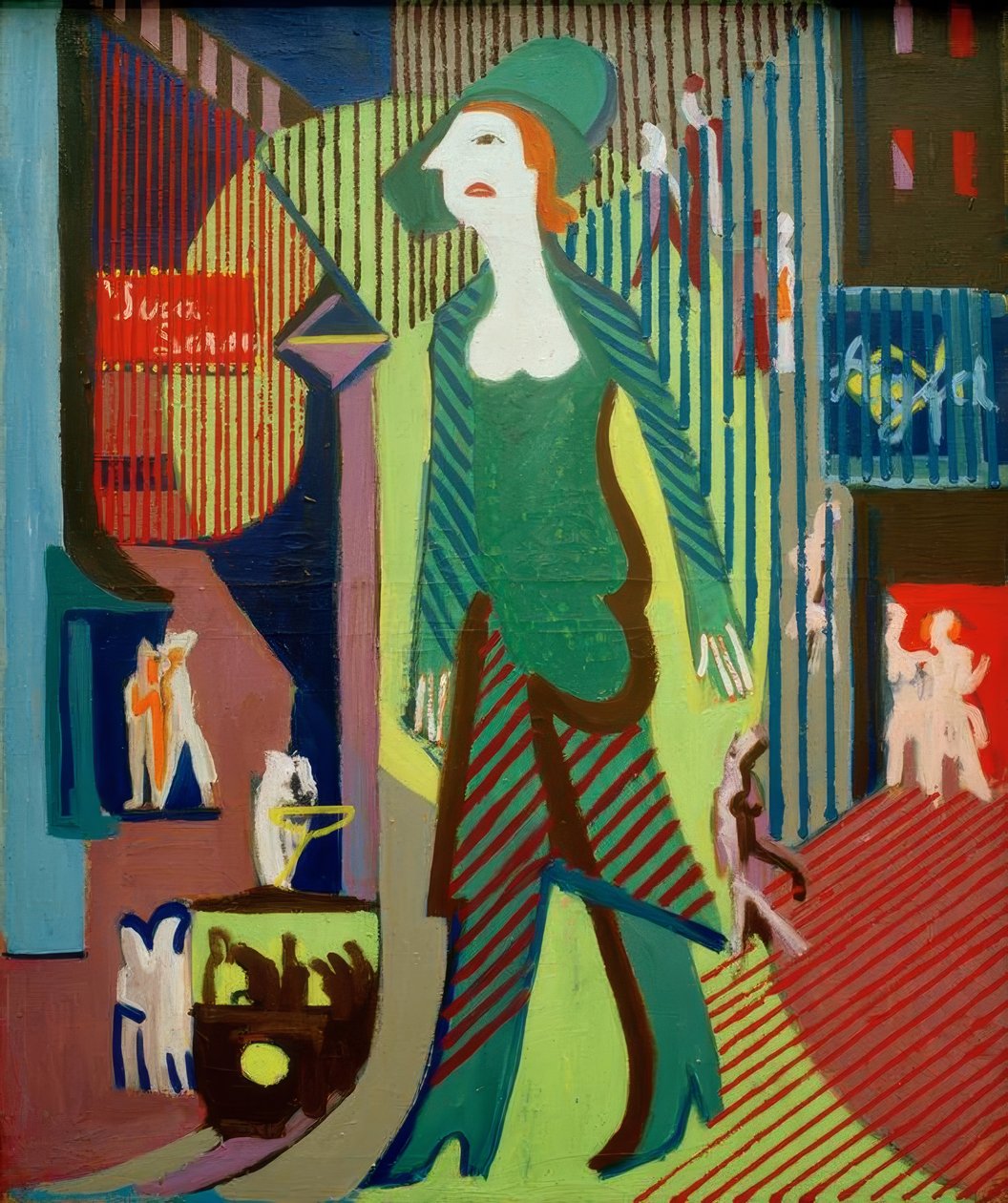 Kvinnan går ner på gatan på natten; Natt kvinna av Ernst Ludwig Kirchner