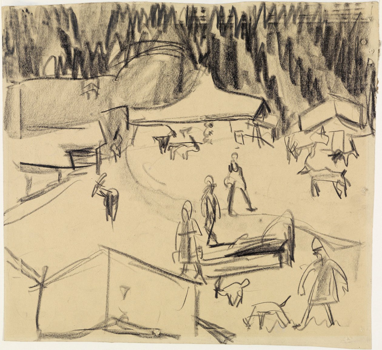 Bergsby (Staffelalp) med herdar och getter av Ernst Ludwig Kirchner