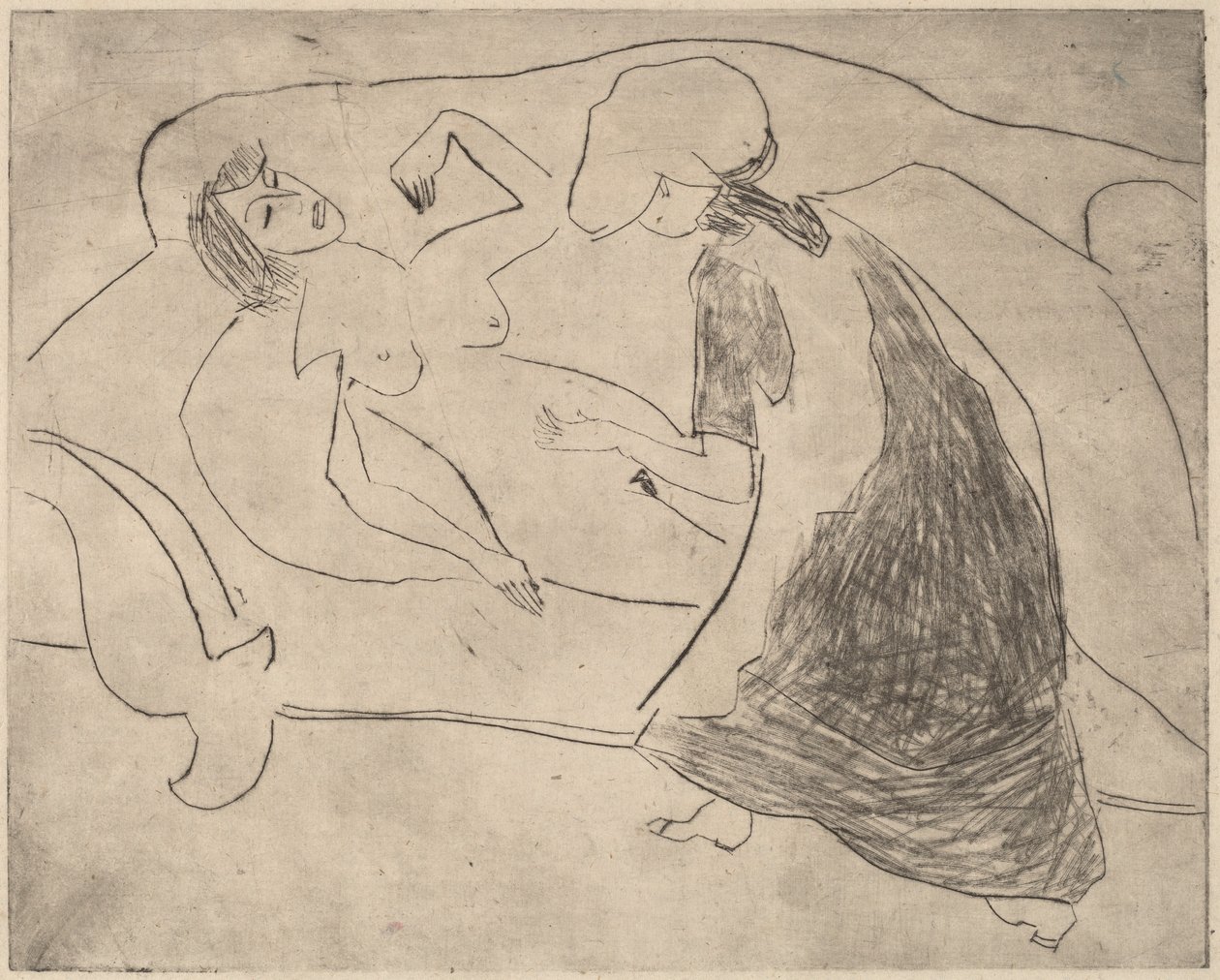 Flicka, med en annan som gnuggar hennes mage av Ernst Ludwig Kirchner