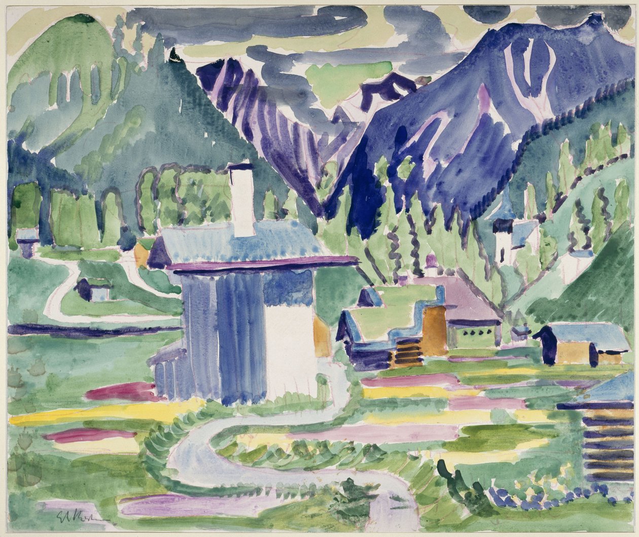 Hus i Islen, med utsikt över kyrkan i Frauenkirch av Ernst Ludwig Kirchner