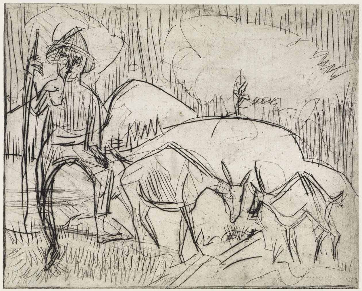 Herde med getter/Bergssluttning med människor och getter av Ernst Ludwig Kirchner