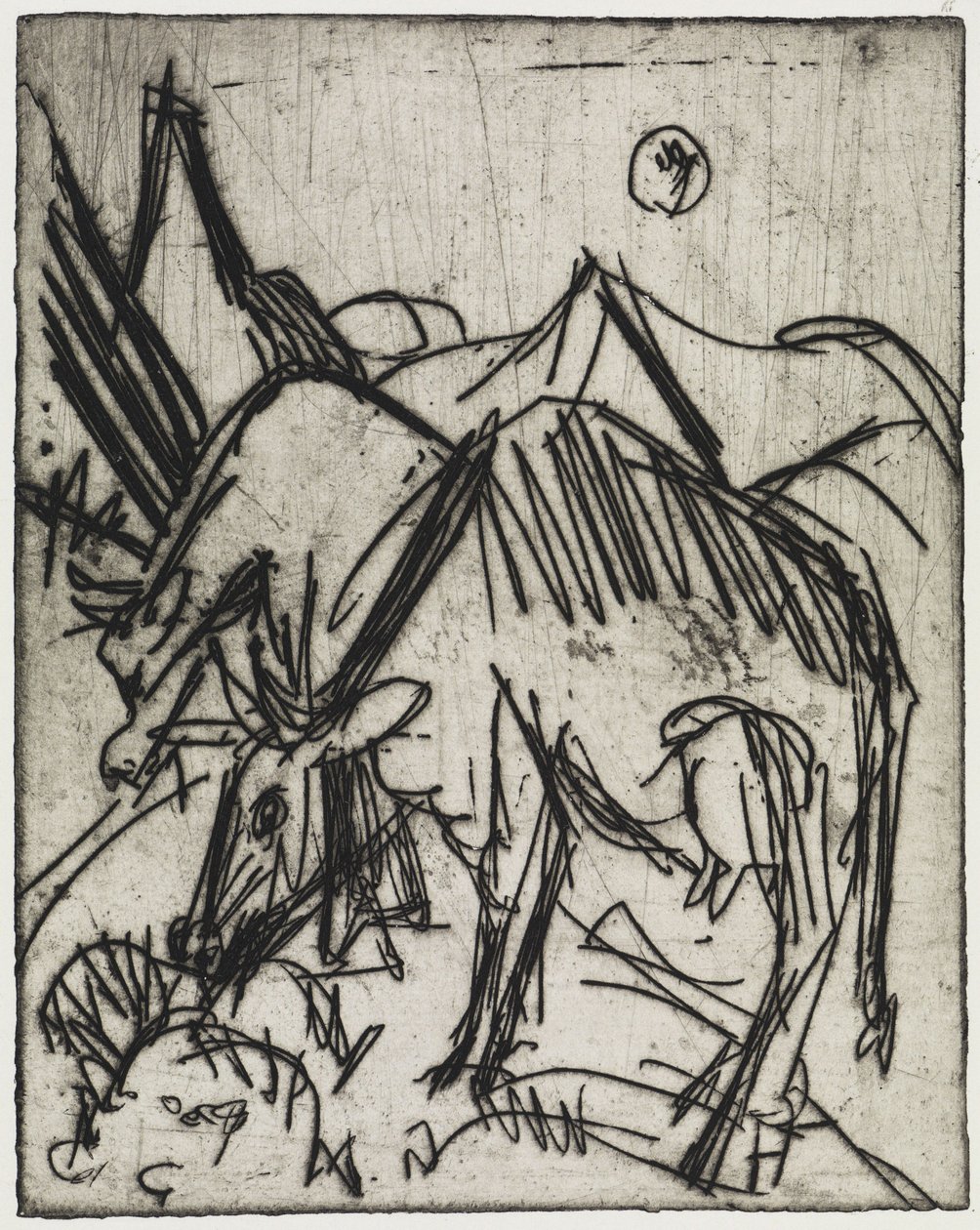 Kor som betar i månskenet/Två pojkar som leker med en katt av Ernst Ludwig Kirchner