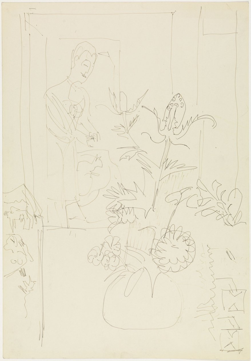 Interiör med blomvas, kvinna och katt av Ernst Ludwig Kirchner