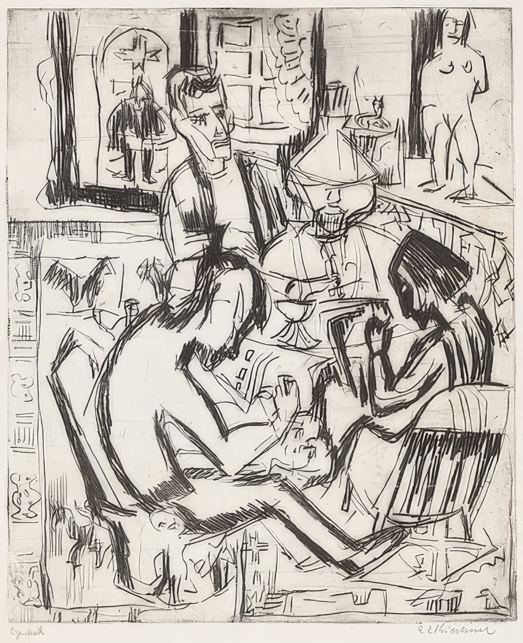 Interiör med människor. 1923 av Ernst Ludwig Kirchner