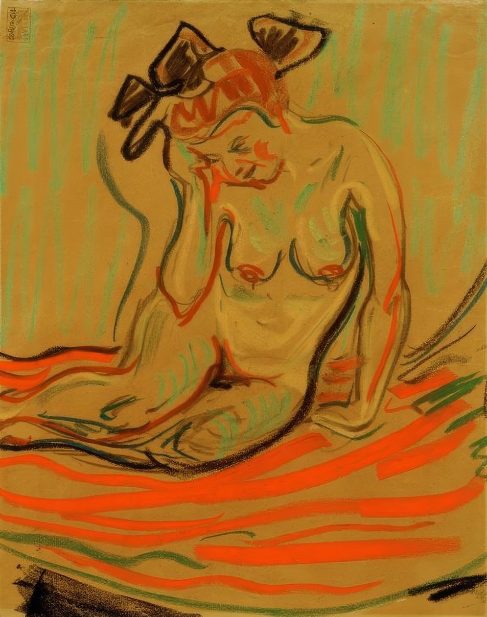 Hukande kvinnlig naken med stödd arm av Ernst Ludwig Kirchner