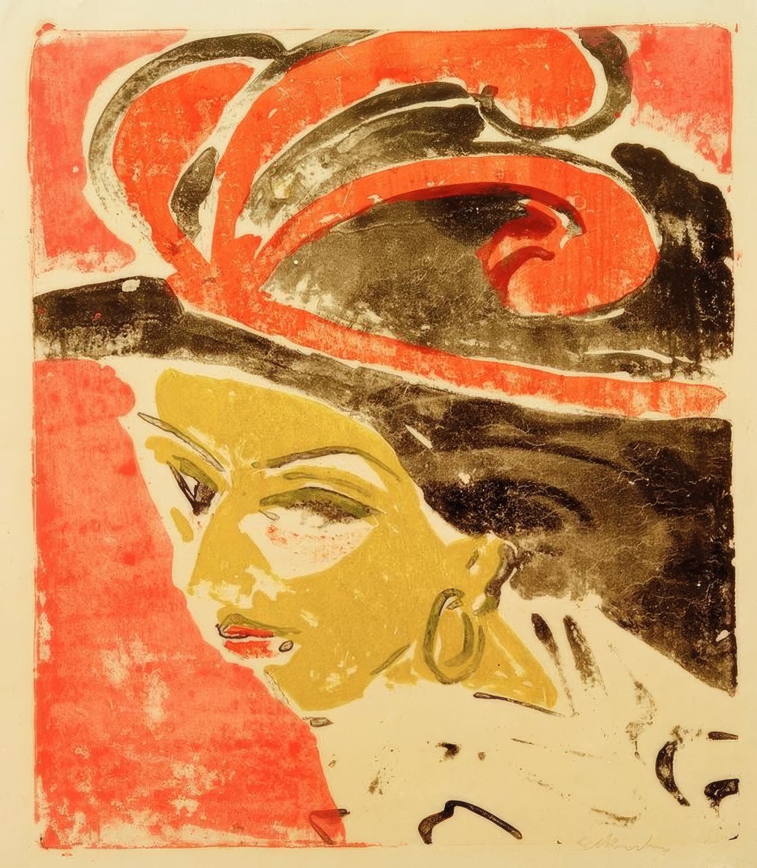 Cocottes huvud med fjäderhatt av Ernst Ludwig Kirchner