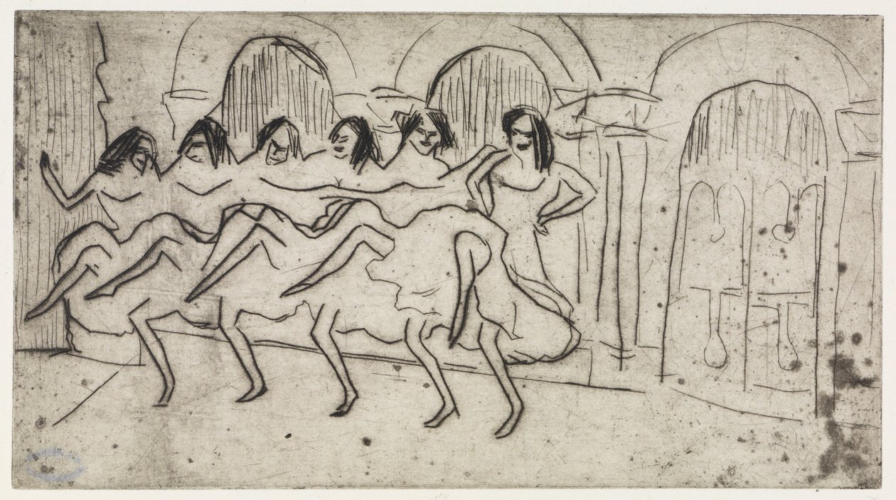 Lotte liggande på en kudde/Sex dansöser framför en bågformad dekoration – engelsk ensemble av Ernst Ludwig Kirchner