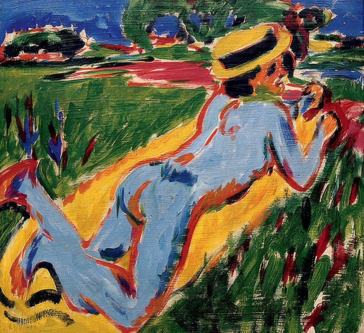 Ligger blå naken med stråhatt. 1909 av Ernst Ludwig Kirchner