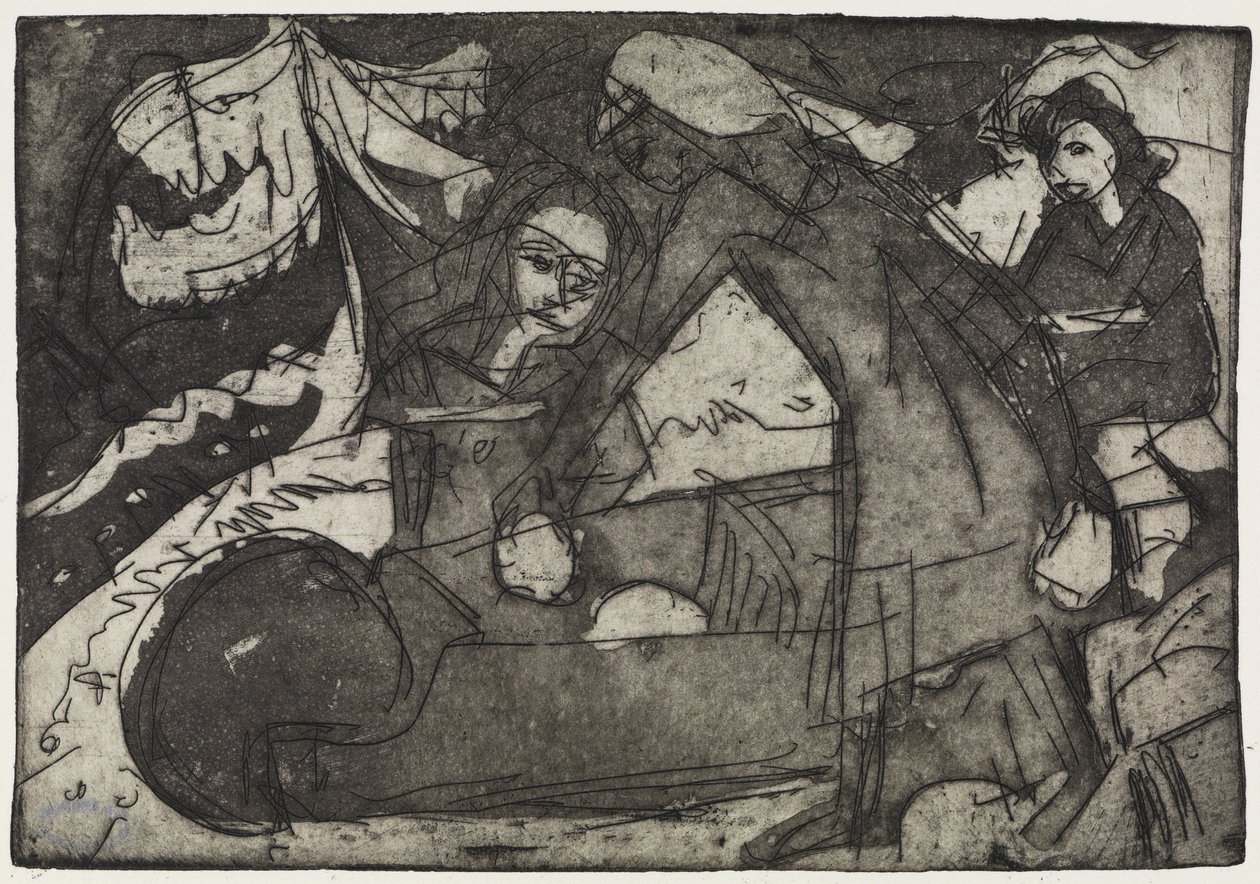 Flicka med två barn/barn med skottkärra av Ernst Ludwig Kirchner