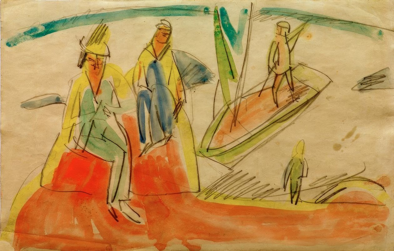 Människor och båt på stranden av Ernst Ludwig Kirchner