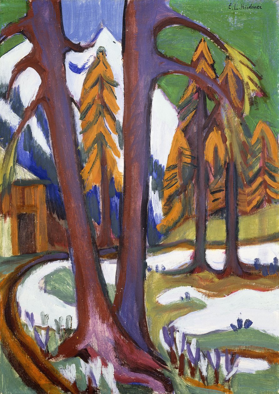 Berg-tidig vår med lärk; Berg-Vorfruhling mit Larchen, c.1921-1923 av Ernst Ludwig Kirchner