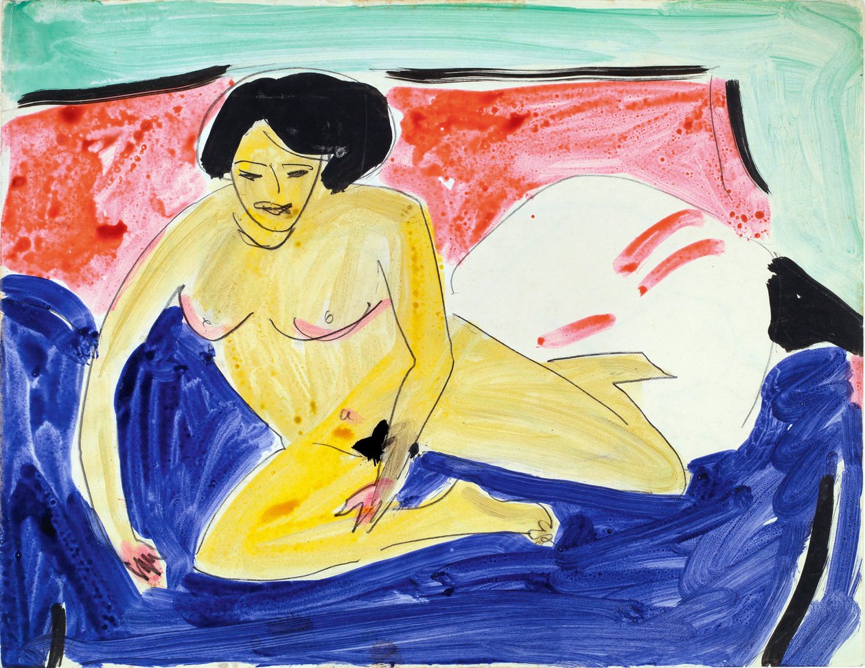 Naken sittande på en divan (Sittande naken på Divan). Verk av Ernst Ludwig Kirchner (1880-1938), akvarell och tusch på papper av Ernst Ludwig Kirchner