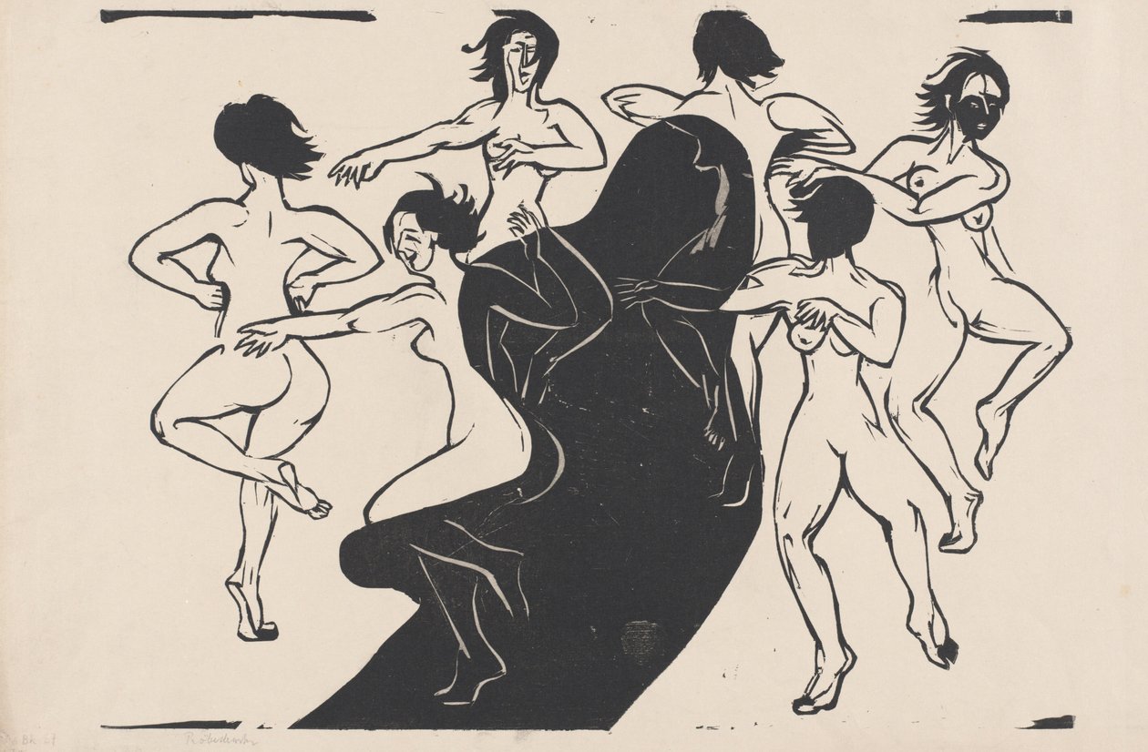 Nakenmodeller som dansar runt en skugga av Ernst Ludwig Kirchner