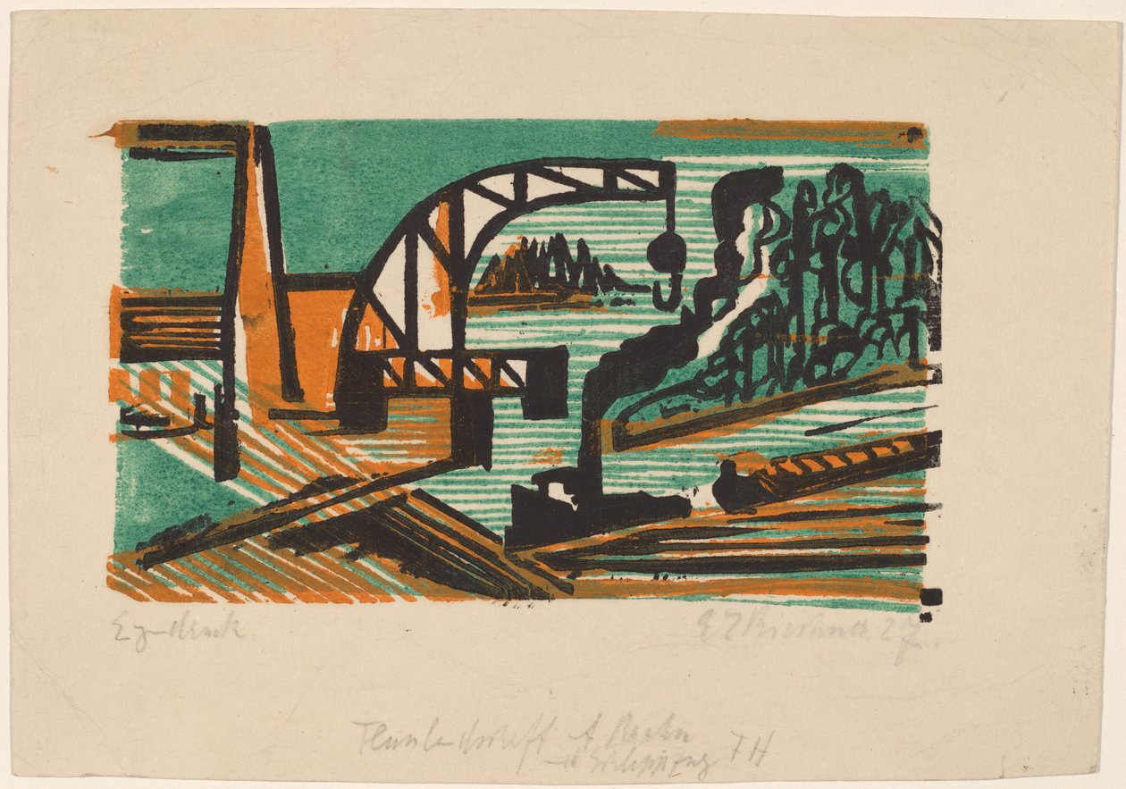Flodlandskap med kran och pråmar av Ernst Ludwig Kirchner