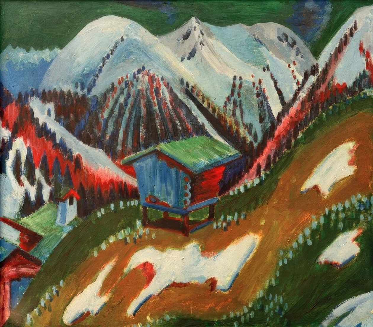Smältande snö. Bergslandskap med en alpin koja av Ernst Ludwig Kirchner