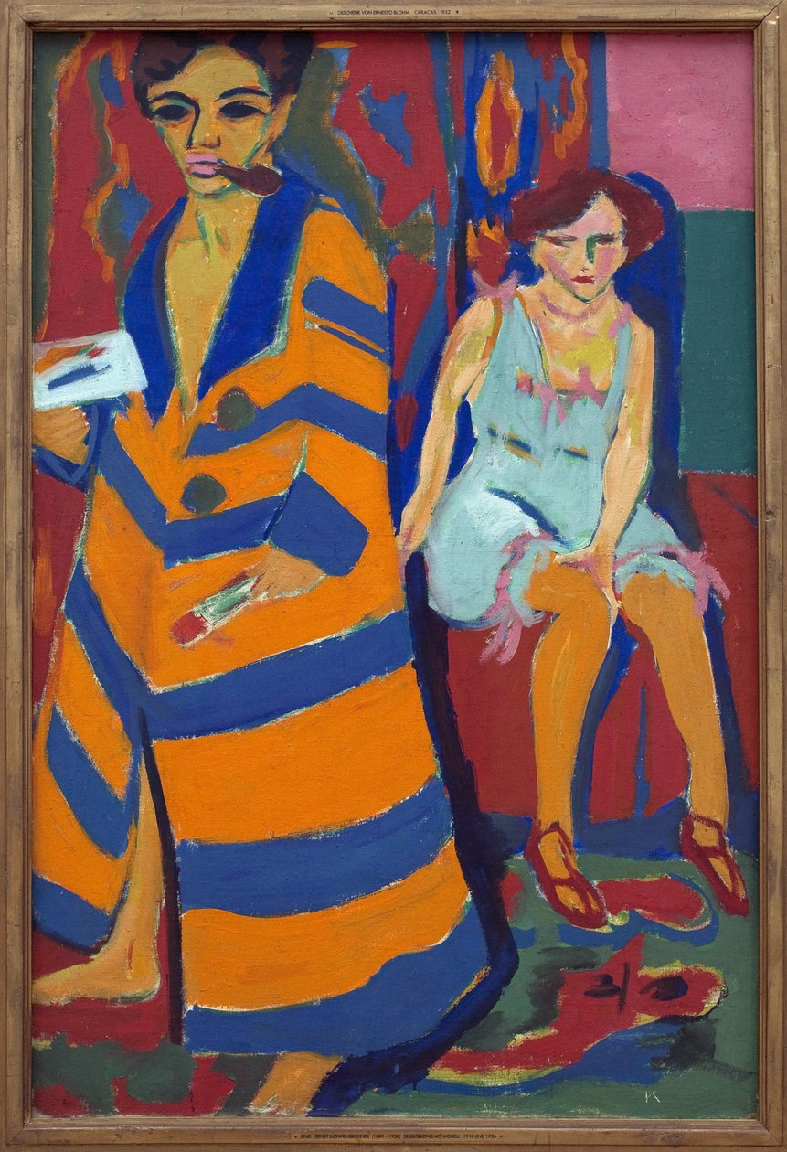Självporträtt med modell. Målning av Ernst Ludwig Kirchner (1880-1938), Olja på duk av Ernst Ludwig Kirchner