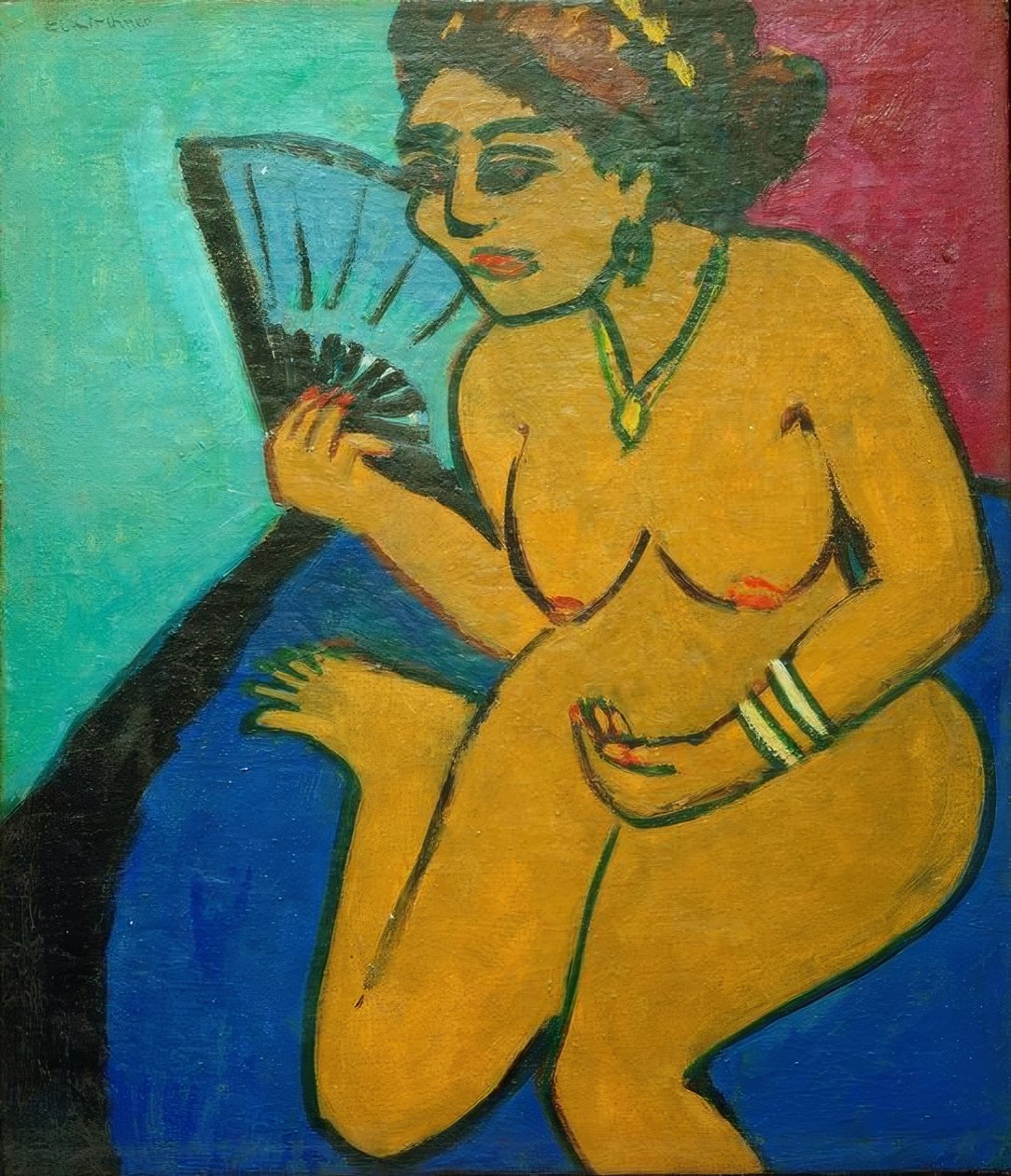 Sitter naken med en fläkt av Ernst Ludwig Kirchner