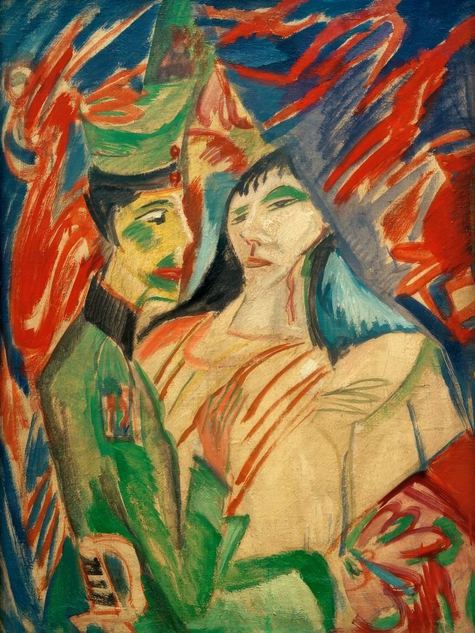 Soldat och flicka mellan färgglada gardiner av Ernst Ludwig Kirchner