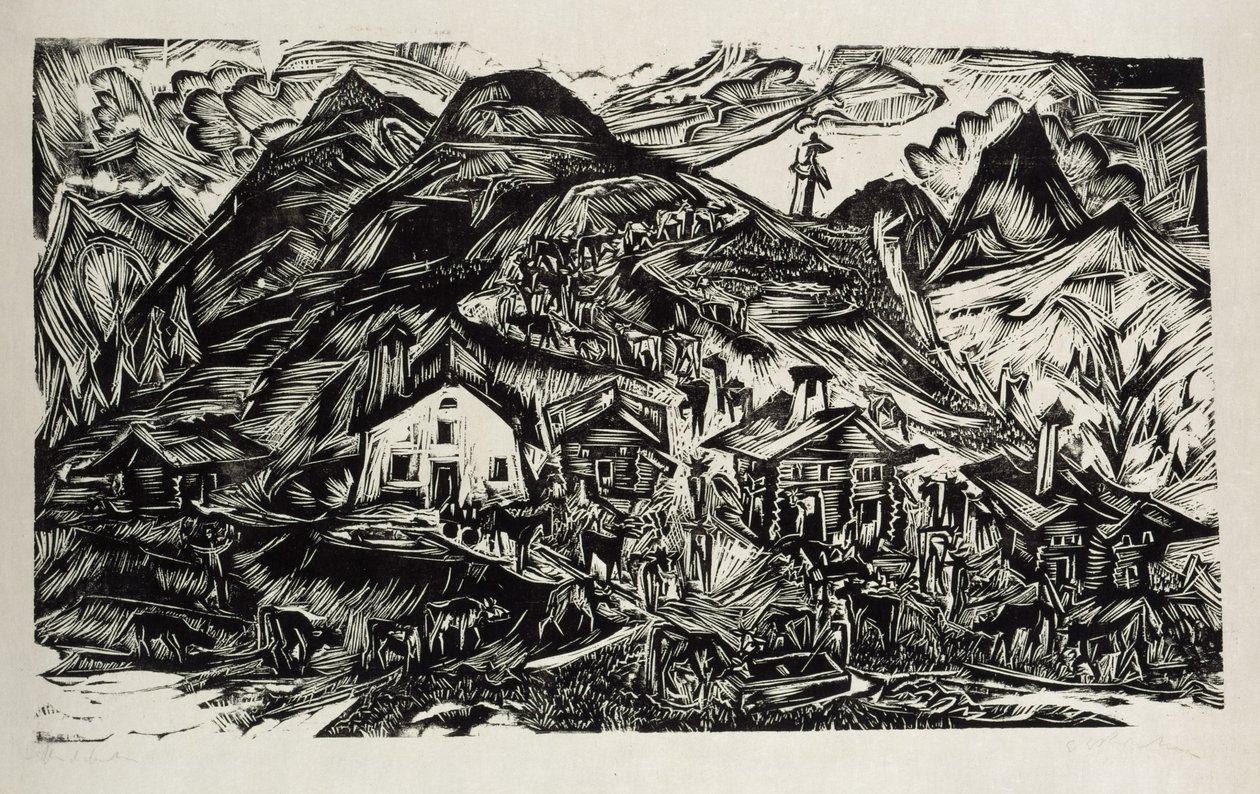 Stafelalp, översiktsvy - uppdrivning till alpbetet av Ernst Ludwig Kirchner