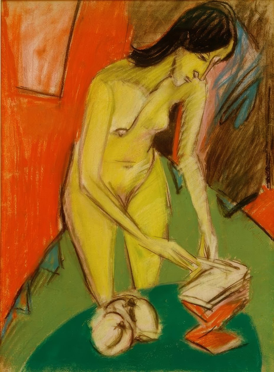 Stående kvinnlig naken vid bordet av Ernst Ludwig Kirchner