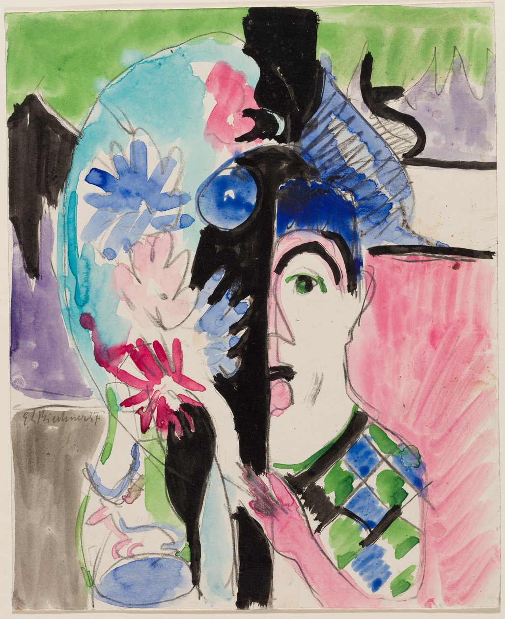 Studie till "Mjölnarhuvud med blommor" av Ernst Ludwig Kirchner