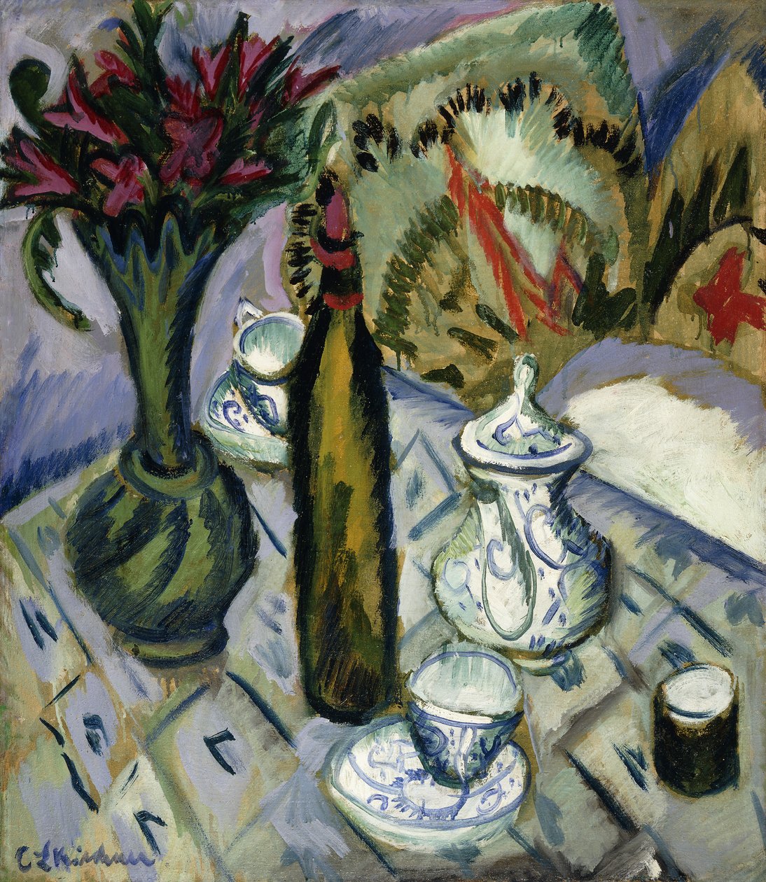 Tekanna, flaska och röda blommor; Tekanna, flaska och röda blommor, 1912 av Ernst Ludwig Kirchner