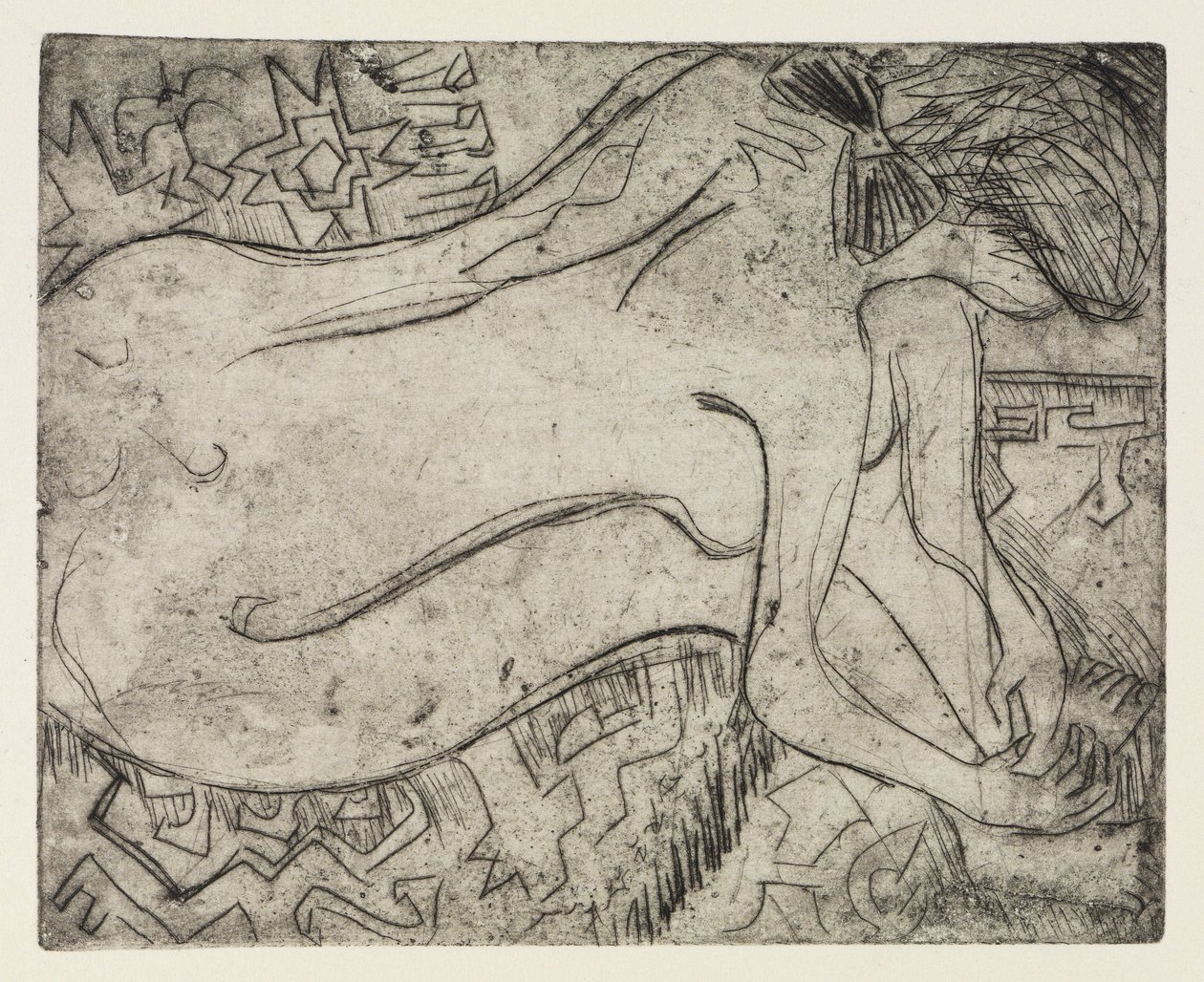 Wannsee nära Potsdam med motorbåt/Naken kvinna som får pedikyr av Ernst Ludwig Kirchner