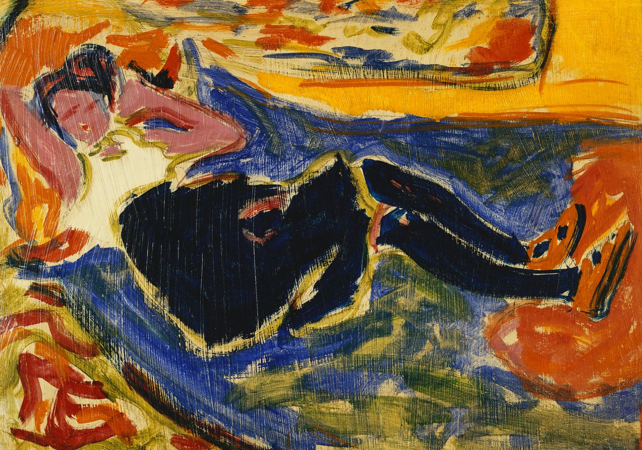 kvinna med svarta strumpor; Kvinna med svarta strumpor (Die Schwarze Grete), ca 1908-09 (olja på papper på duk) av Ernst Ludwig Kirchner