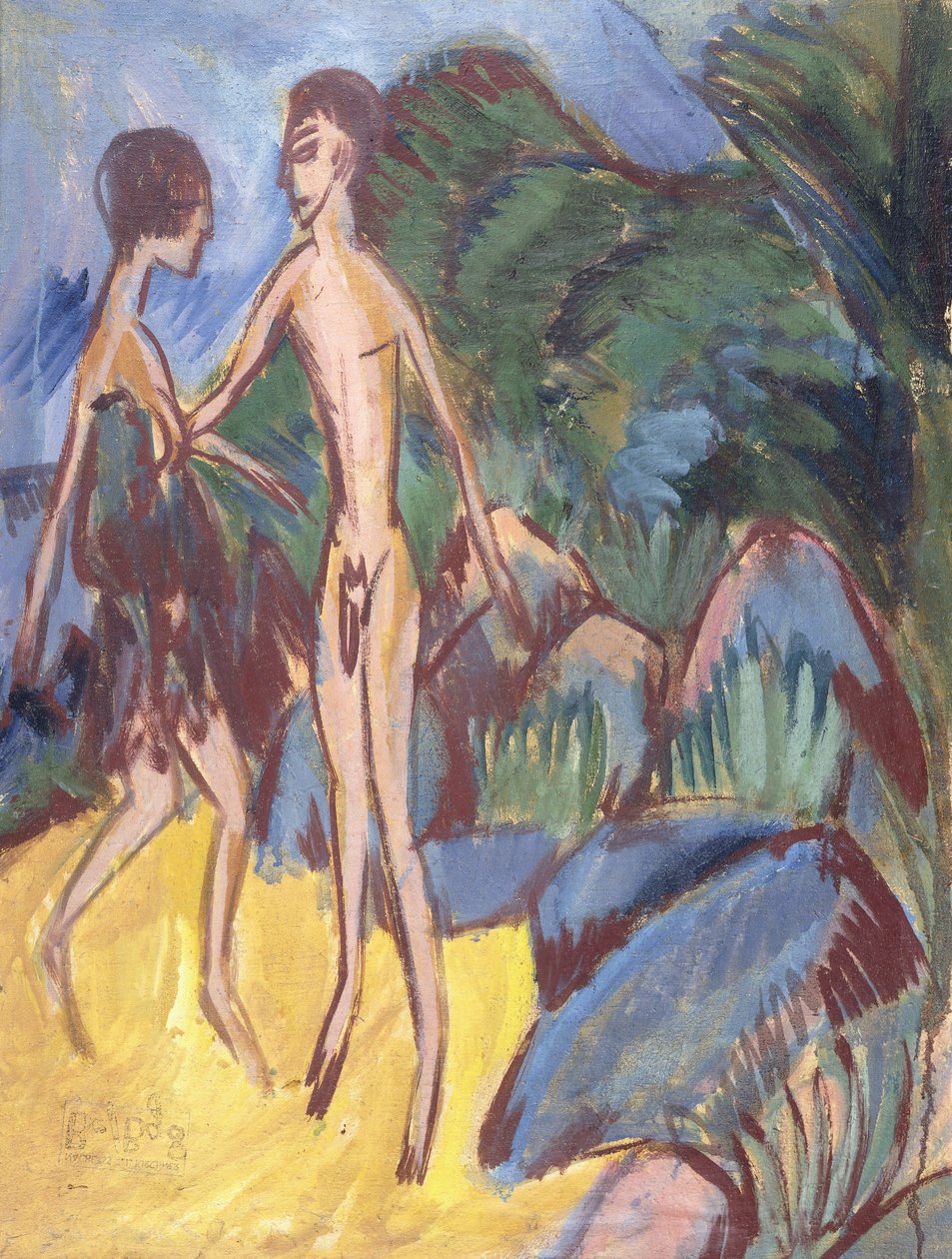 Ungdom och naken flicka på stranden; Nackter Jungling und Madchen am Strand, 1913 av Ernst Ludwig Kirchner