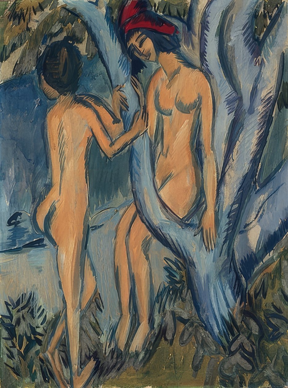 Två nakenbilder på ett träd, Fehmarn. 1912-13 av Ernst Ludwig Kirchner